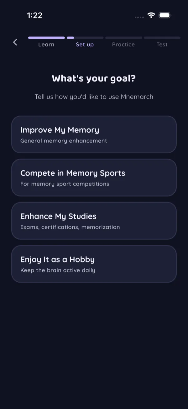 Onboarding goal selection — from beginner to memory athlete